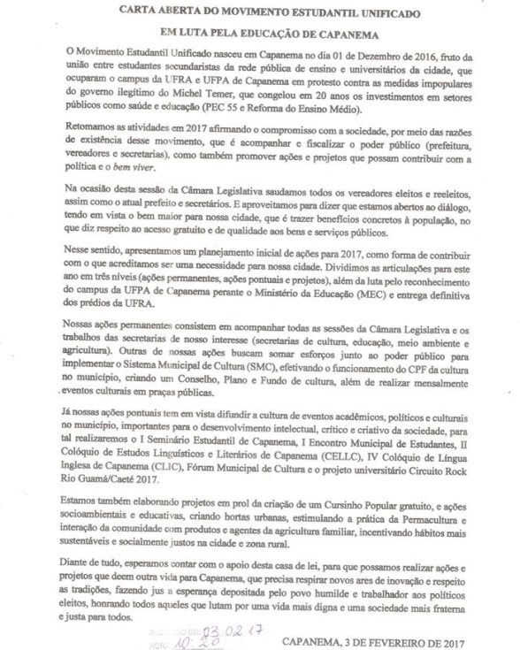 Movimento estudantil entrega Carta Aberta para vereadores em Capanema
