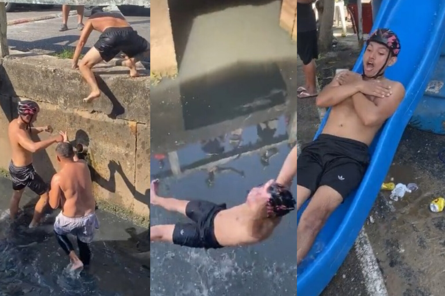 Moradores do bairro de Fátima, em Belém, tomam banho em canal e viralizam;