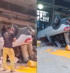 Carro capota em acidente na pista do BRT, na Augusto Montenegro, em Belém