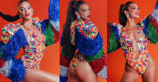 Alane usa look de xuxinhas de cabelo no ensaio da Grande Rio