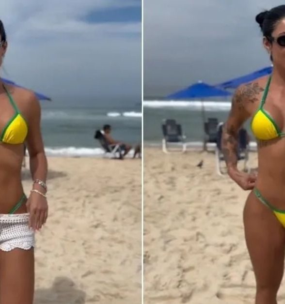 Namorada de Belo curte praia com biquini do Brasil