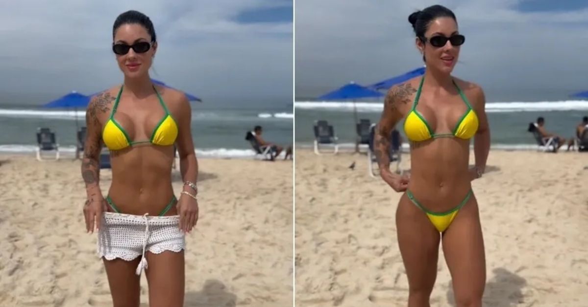 Namorada de Belo curte praia com biquini do Brasil